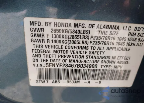 2007 Honda Pilot Ex from USA, damaged, VIN 5FNYF28467B034900